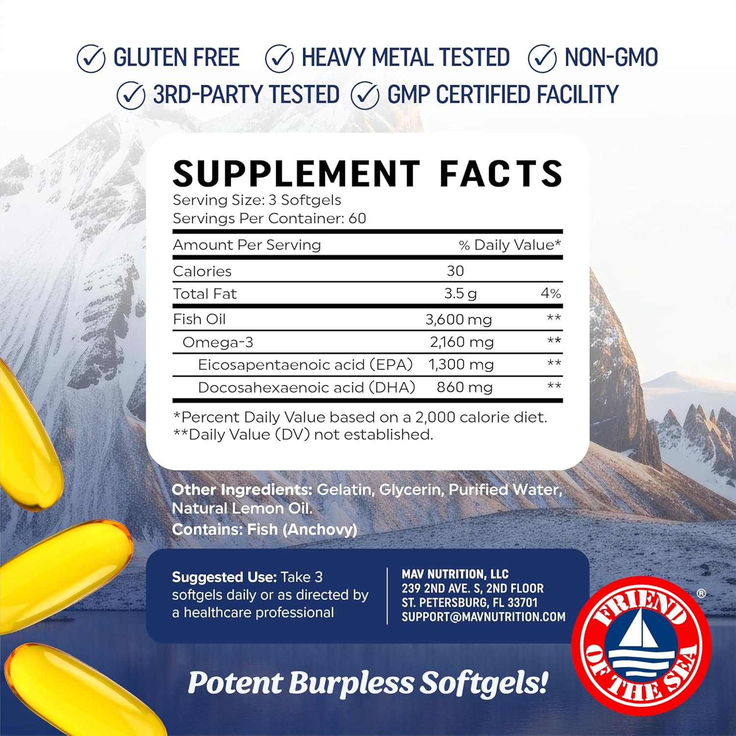 Triple Strength Omega 3 Fish Oil 3600 mg 180 Softgels (Pack of 1) PODCITY